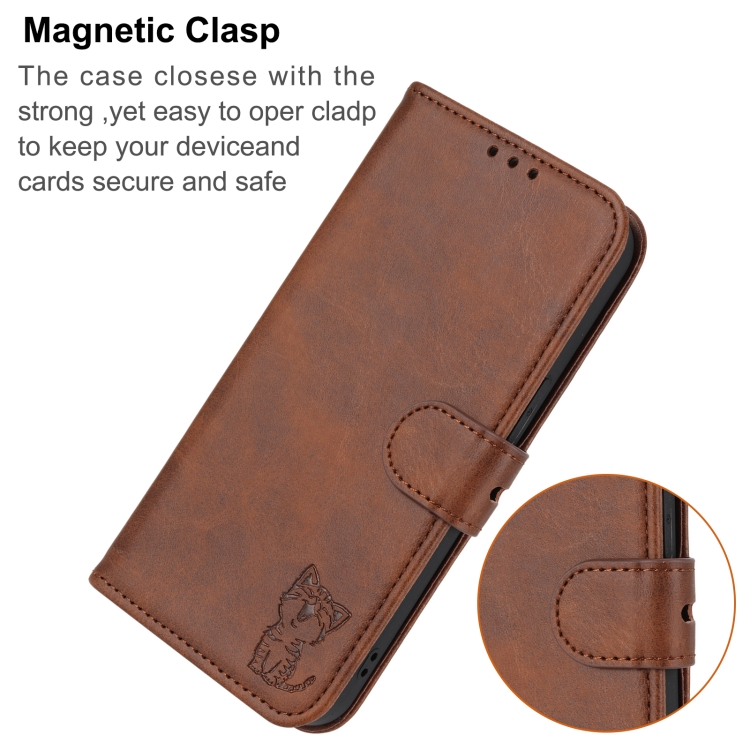For Samsung Galaxy S23 FE 5G Embossed Happy Cat Pattern Flip Leather Phone Case(Brown)