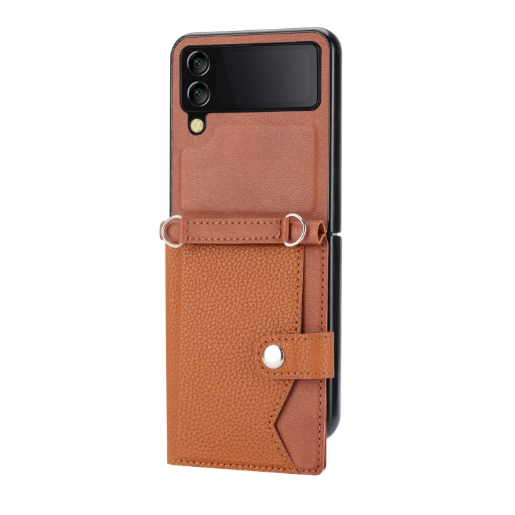 For Samsung Galaxy Z Flip4 5G Litchi Pattern Single Button Card Holder Phone Case with Long Lanyard(Brown) For Samsung Galaxy Z Flip4 5G Litchi Pattern Single Button Card Holder Phone Case with Long Lanyard(Brown)