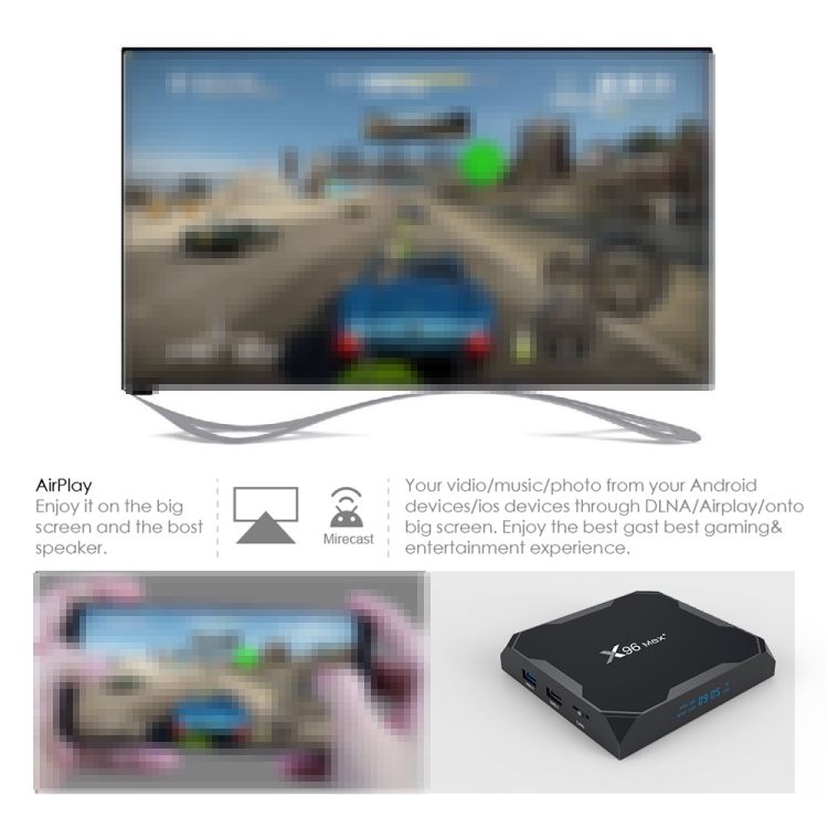 X96 max+ 4K Smart TV Box with Remote Control, Android 9.0, Amlogic S905X3  Quad-Core Cortex-A55,2GB+16GB, Support LAN, AV, 2.4G/5G WiFi, USBx2,TF  Card, AU Plug