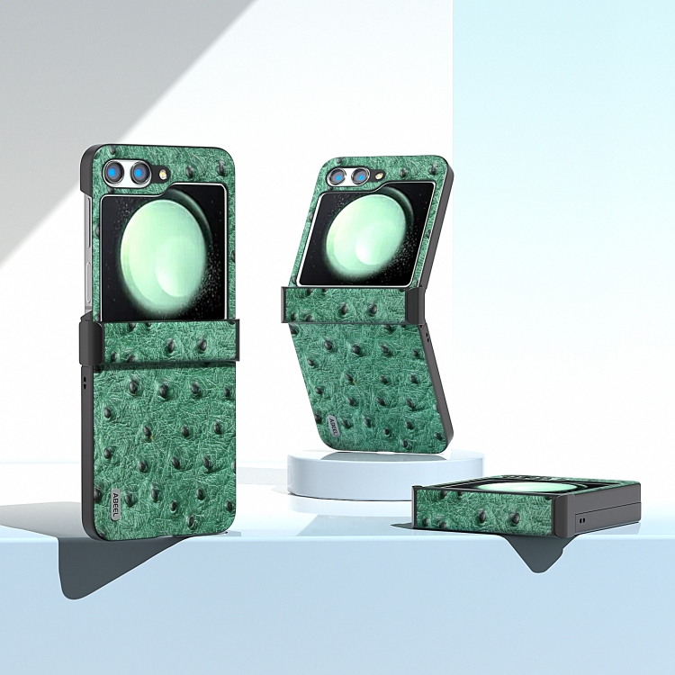 For Samsung Galaxy Z Flip5 ABEEL Hinge Genuine Leather Ostrich Texture Phone Case(Green) For Samsung Galaxy Z Flip5 ABEEL Hinge Genuine Leather Ostrich Texture Phone Case(Green)