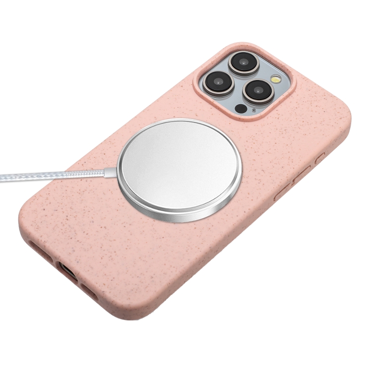 For iPhone 14 Pro Wheat MagSafe Magnetic Straw Material + TPU Phone Case with Lanyard(Pink) For iPhone 14 Pro Wheat MagSafe Magnetic Straw Material + TPU Phone Case with Lanyard(Pink)