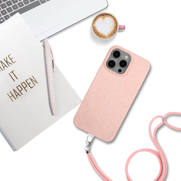 For iPhone 14 Pro Wheat MagSafe Magnetic Straw Material + TPU Phone Case with Lanyard(Pink) For iPhone 14 Pro Wheat MagSafe Magnetic Straw Material + TPU Phone Case with Lanyard(Pink)