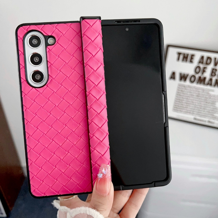 For Samsung Galaxy Z Fold5 Three-piece Set Woven Texture Folding PU Phone Case(Rose Red) For Samsung Galaxy Z Fold5 Three-piece Set Woven Texture Folding PU Phone Case(Rose Red)