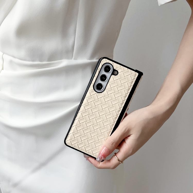 For Samsung Galaxy Z Fold Special Three-piece Set Woven Texture Folding PU Phone Case(Gold)