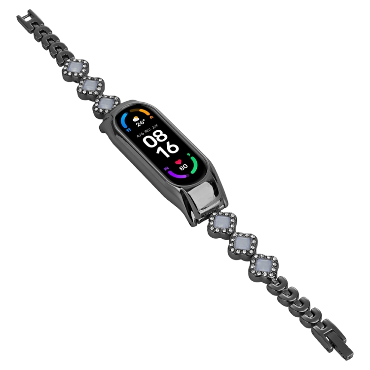 For Xiaomi Mi Band 7 Four leaf Clover Diamond Metal Watch Band Black