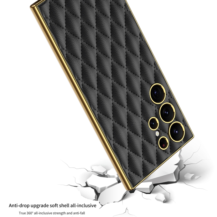 For Samsung Galaxy S24 Ultra 5G GKK Rhombus Pattern Electroplating Plain PU Phone Case(Black) For Samsung Galaxy S24 Ultra 5G GKK Rhombus Pattern Electroplating Plain PU Phone Case(Black)