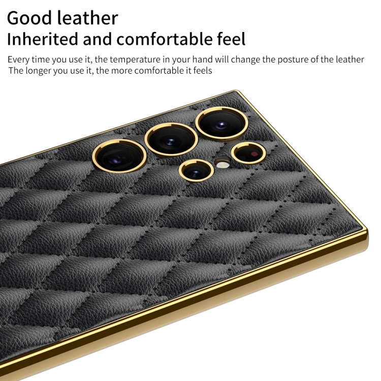 For Samsung Galaxy S24 Ultra 5G GKK Rhombus Pattern Electroplating Plain PU Phone Case(Black) For Samsung Galaxy S24 Ultra 5G GKK Rhombus Pattern Electroplating Plain PU Phone Case(Black)