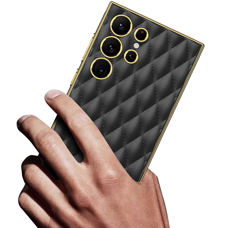For Samsung Galaxy S24 Ultra 5G GKK Rhombus Pattern Electroplating Plain PU Phone Case(Black) For Samsung Galaxy S24 Ultra 5G GKK Rhombus Pattern Electroplating Plain PU Phone Case(Black)