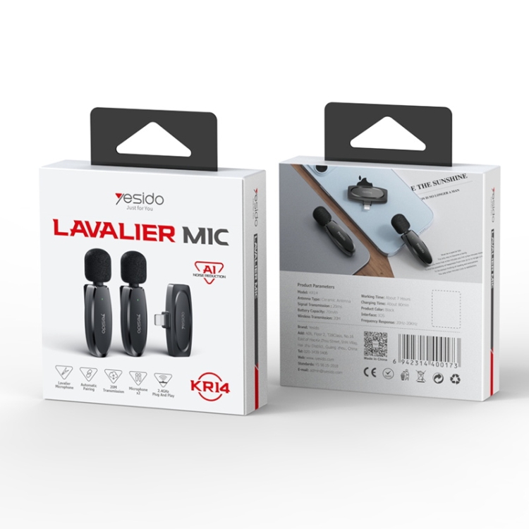 YESIDO KR14 Micrófono Lavalier inalámbrico de baja latencia con transmisor dual y receptor de 8 pines (negro) - 11