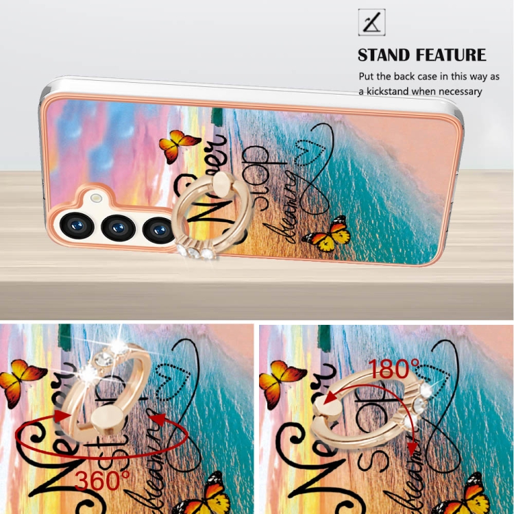 For Samsung Galaxy S24+ 5G Electroplating Pattern IMD TPU Shockproof Case with Rhinestone Ring Holder(Dream Chasing Butterfly)