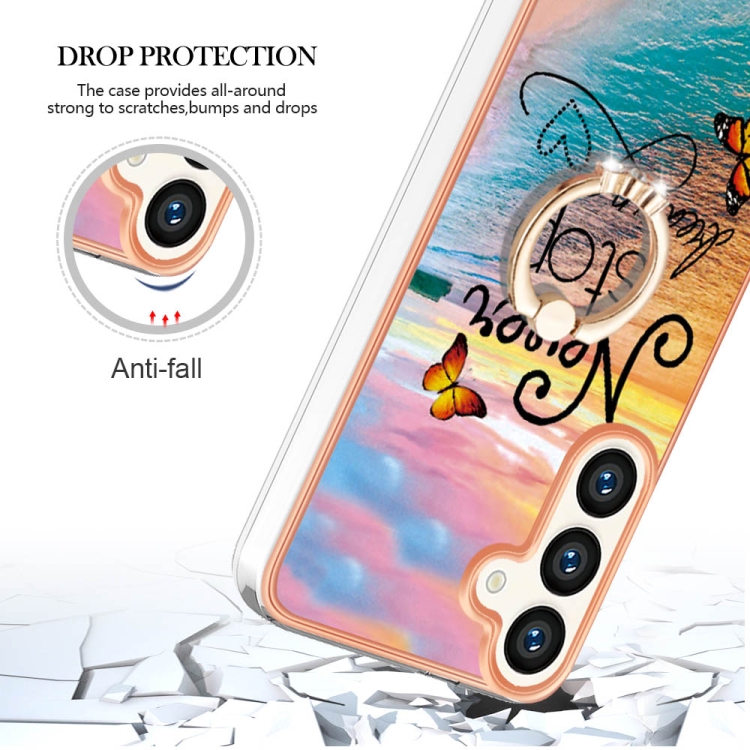 For Samsung Galaxy S24+ 5G Electroplating Pattern IMD TPU Shockproof Case with Rhinestone Ring Holder(Dream Chasing Butterfly)