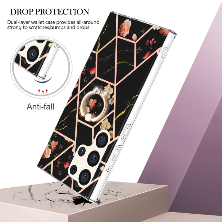 For Samsung Galaxy S24 Ultra 5G Electroplating Splicing Marble Flower Pattern TPU Shockproof Case with Rhinestone Ring Holder(Black Flower)