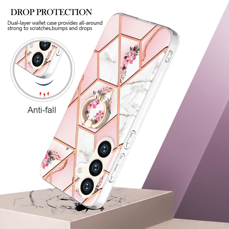 For Samsung Galaxy S24+ 5G Electroplating Splicing Marble Flower Pattern TPU Shockproof Case with Rhinestone Ring Holder(Pink Flower)