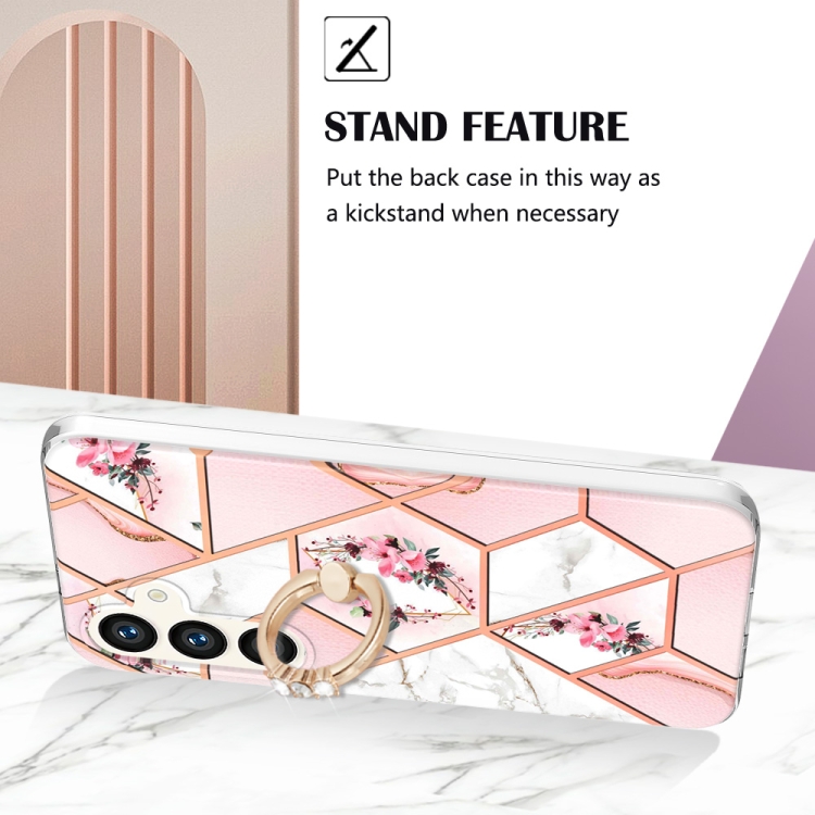 For Samsung Galaxy S24+ 5G Electroplating Splicing Marble Flower Pattern TPU Shockproof Case with Rhinestone Ring Holder(Pink Flower)