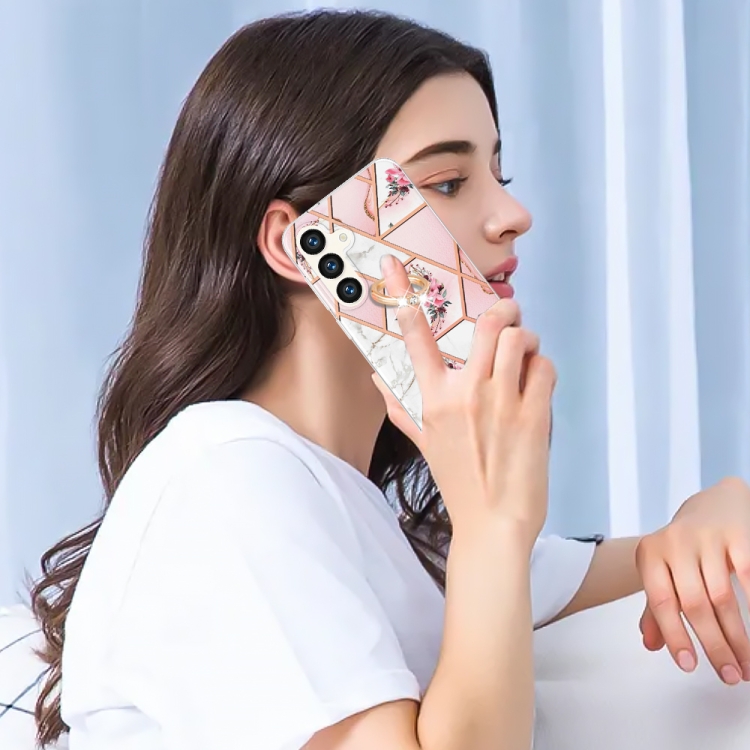 For Samsung Galaxy S24+ 5G Electroplating Splicing Marble Flower Pattern TPU Shockproof Case with Rhinestone Ring Holder(Pink Flower)