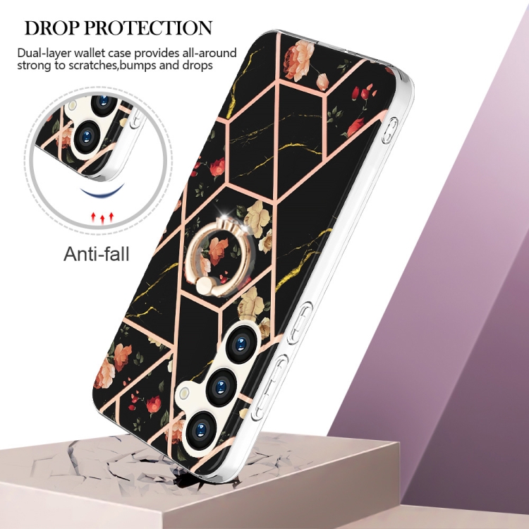 For Samsung Galaxy S24 5G Electroplating Splicing Marble Flower Pattern TPU Shockproof Case with Rhinestone Ring Holder(Black Flower) For Samsung Galaxy S24 5G Electroplating Splicing Marble Flower Pattern TPU Shockproof Case with Rhinestone Ring Holder(Black Flower)