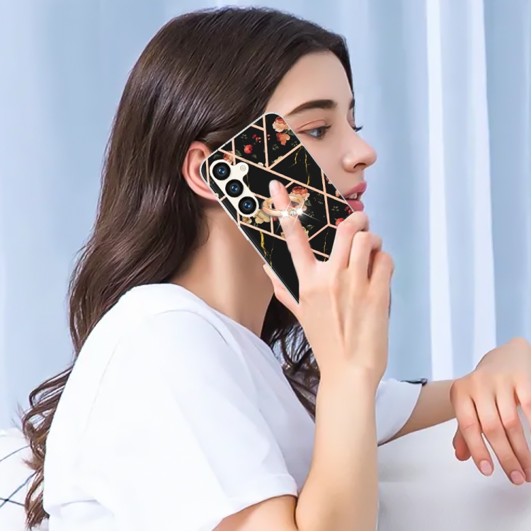 For Samsung Galaxy S24 5G Electroplating Splicing Marble Flower Pattern TPU Shockproof Case with Rhinestone Ring Holder(Black Flower) For Samsung Galaxy S24 5G Electroplating Splicing Marble Flower Pattern TPU Shockproof Case with Rhinestone Ring Holder(Black Flower)