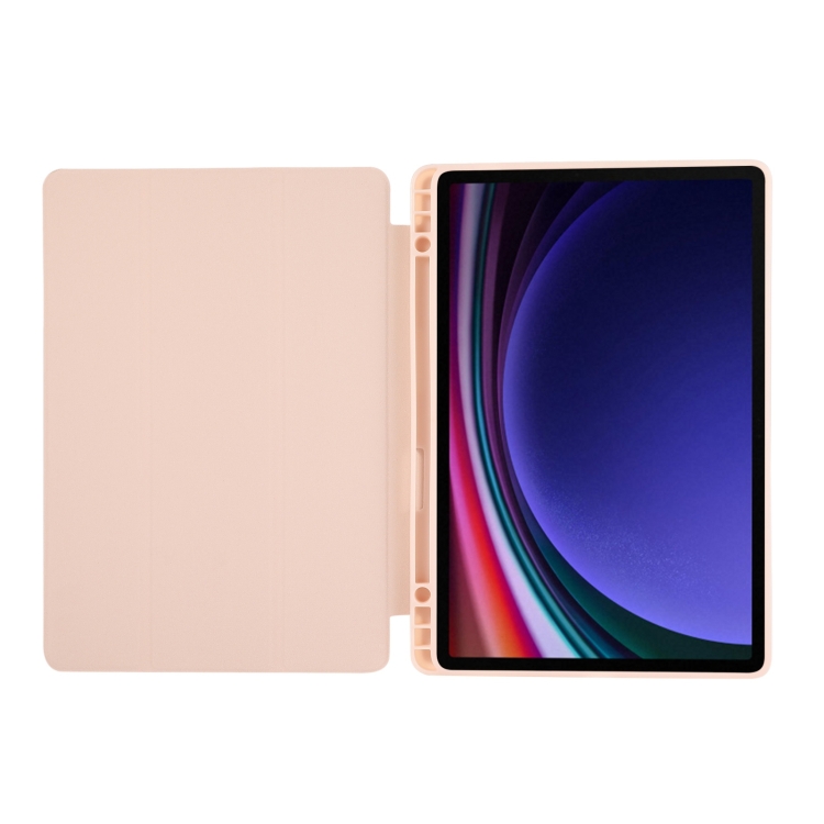 For Samsung Galaxy Tab S9 3-Fold Pure Color TPU Leather Tablet Case with Pen Slot(Pink) For Samsung Galaxy Tab S9 3-Fold Pure Color TPU Leather Tablet Case with Pen Slot(Pink)