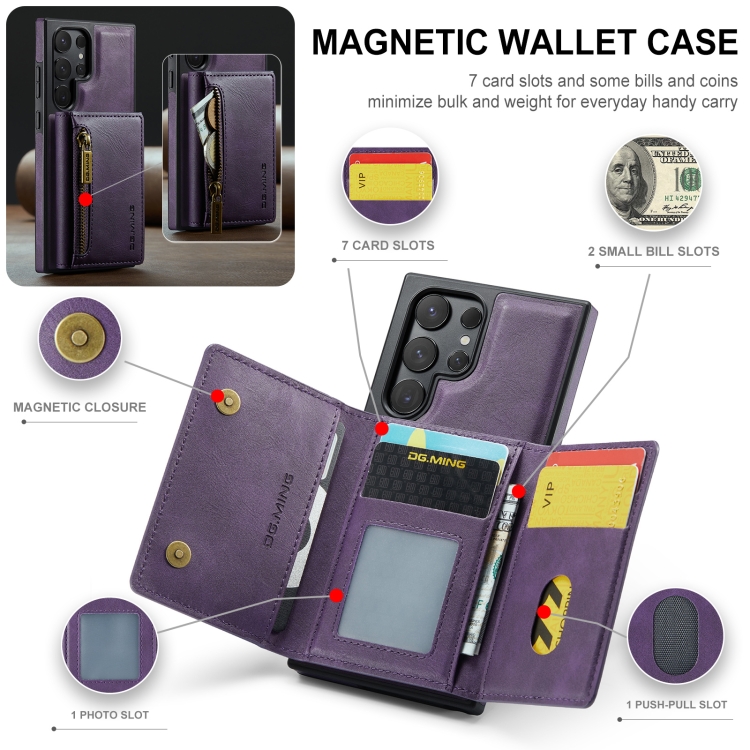 For Samsung Galaxy S24 Ultra 5G DG.MING M5 Series Zip RFID Multi Card Detachable Leather Phone Case(Purple) For Samsung Galaxy S24 Ultra 5G DG.MING M5 Series Zip RFID Multi Card Detachable Leather Phone Case(Purple)