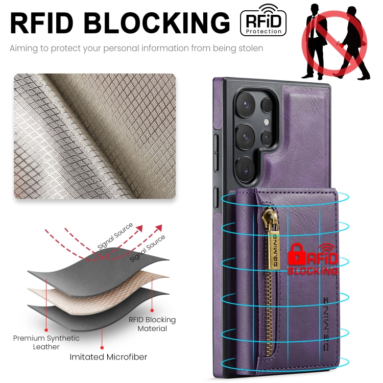 For Samsung Galaxy S24 Ultra 5G DG.MING M5 Series Zip RFID Multi Card Detachable Leather Phone Case(Purple) For Samsung Galaxy S24 Ultra 5G DG.MING M5 Series Zip RFID Multi Card Detachable Leather Phone Case(Purple)