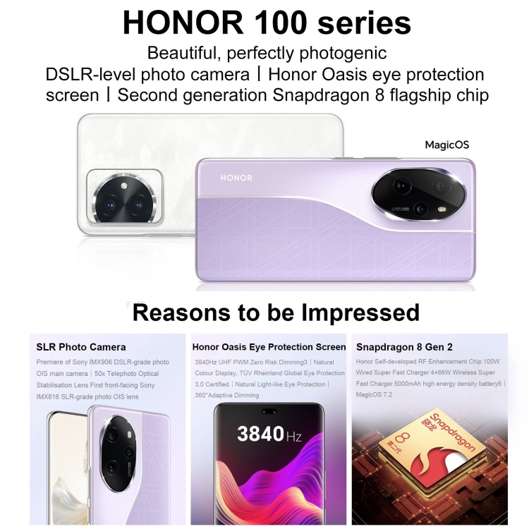 Honor 100 Pro, 12GB+256GB, Screen Fingerprint Identification, 6.78 inch MagicOS 7.2 Snapdragon 8 Gen 2 Octa Core up to 3.19GHz, Network: 5G, NFC, OTG, Not Support Google Play(White) - B1