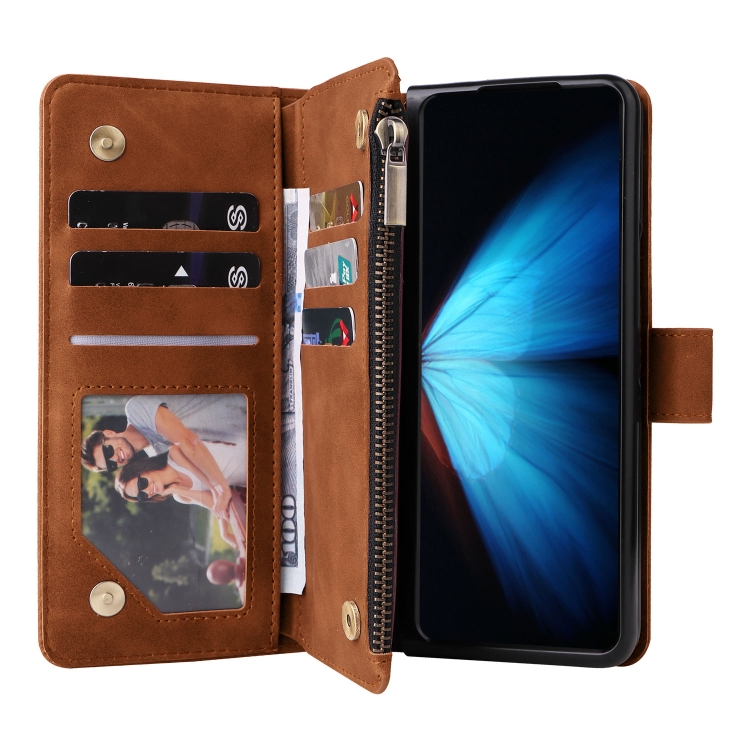 For Samsung Galaxy Z Fold4 Multifunctional Frosted Zipper Wallet Leather Phone Case(Brown)