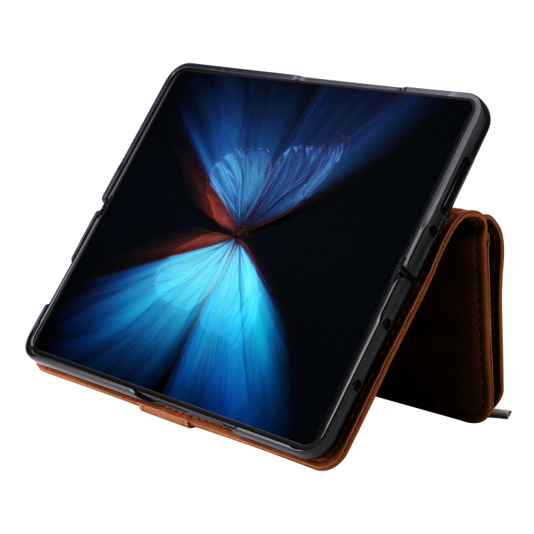 For Samsung Galaxy Z Fold4 Multifunctional Frosted Zipper Wallet Leather Phone Case(Brown)