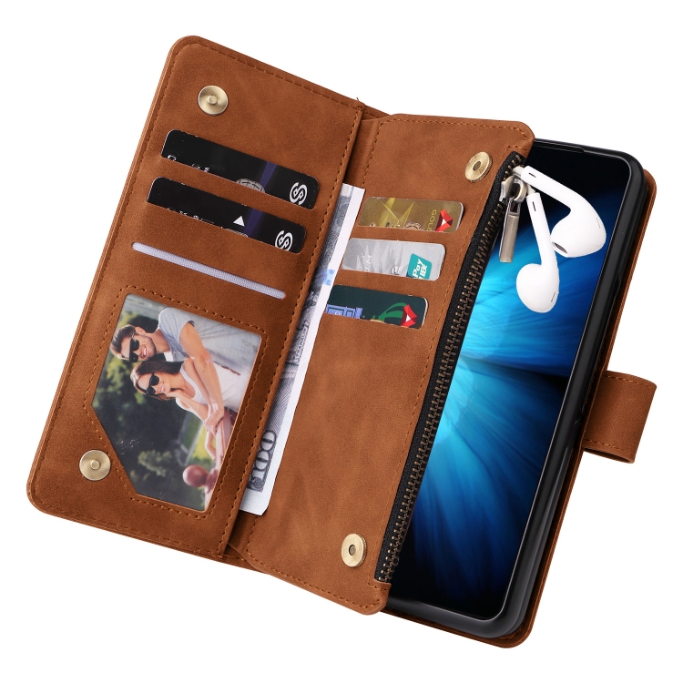For Samsung Galaxy Z Fold4 Multifunctional Frosted Zipper Wallet Leather Phone Case(Brown)