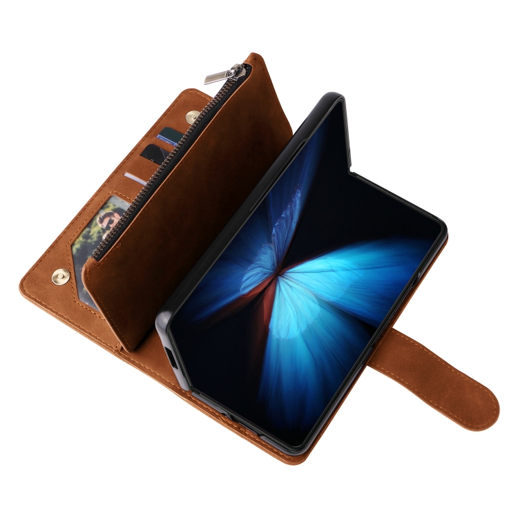 For Samsung Galaxy Z Fold4 Multifunctional Frosted Zipper Wallet Leather Phone Case(Brown)