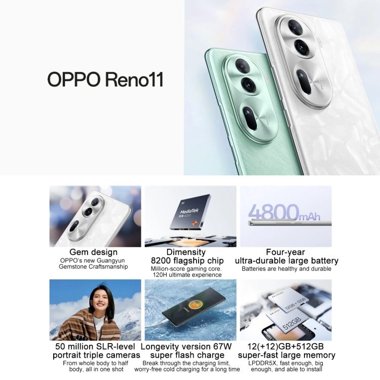 OPPO Reno11, 8GB+256GB, Screen Fingerprint, 6.7 inch ColorOS 14 Dimensity 8200 Octa Core up to 3.1GHz, NFC, OTG, Network: 5G(Silver) - B1