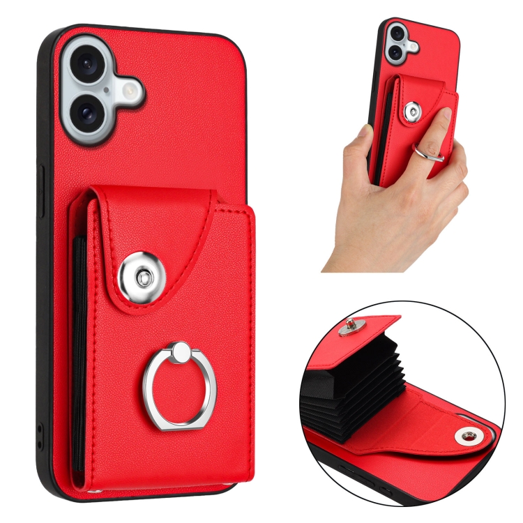 For iPhone 16 Plus Organ Card Bag Ring Holder Phone Case(Red) For iPhone 16 Plus Organ Card Bag Ring Holder Phone Case(Red)