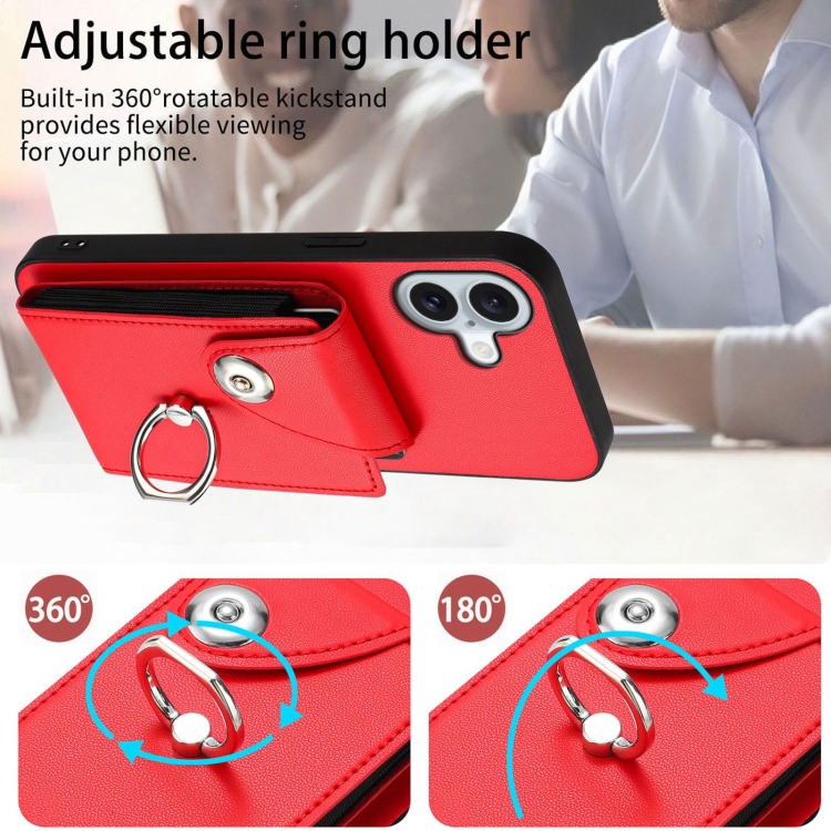 For iPhone 16 Plus Organ Card Bag Ring Holder Phone Case(Red) For iPhone 16 Plus Organ Card Bag Ring Holder Phone Case(Red)