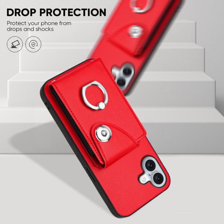 For iPhone 16 Plus Organ Card Bag Ring Holder Phone Case(Red) For iPhone 16 Plus Organ Card Bag Ring Holder Phone Case(Red)