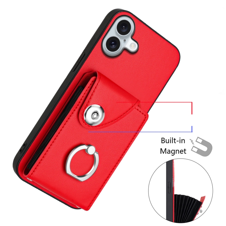 For iPhone 16 Plus Organ Card Bag Ring Holder Phone Case(Red) For iPhone 16 Plus Organ Card Bag Ring Holder Phone Case(Red)