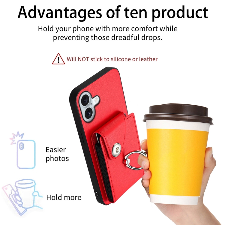 For iPhone 16 Plus Organ Card Bag Ring Holder Phone Case(Red) For iPhone 16 Plus Organ Card Bag Ring Holder Phone Case(Red)