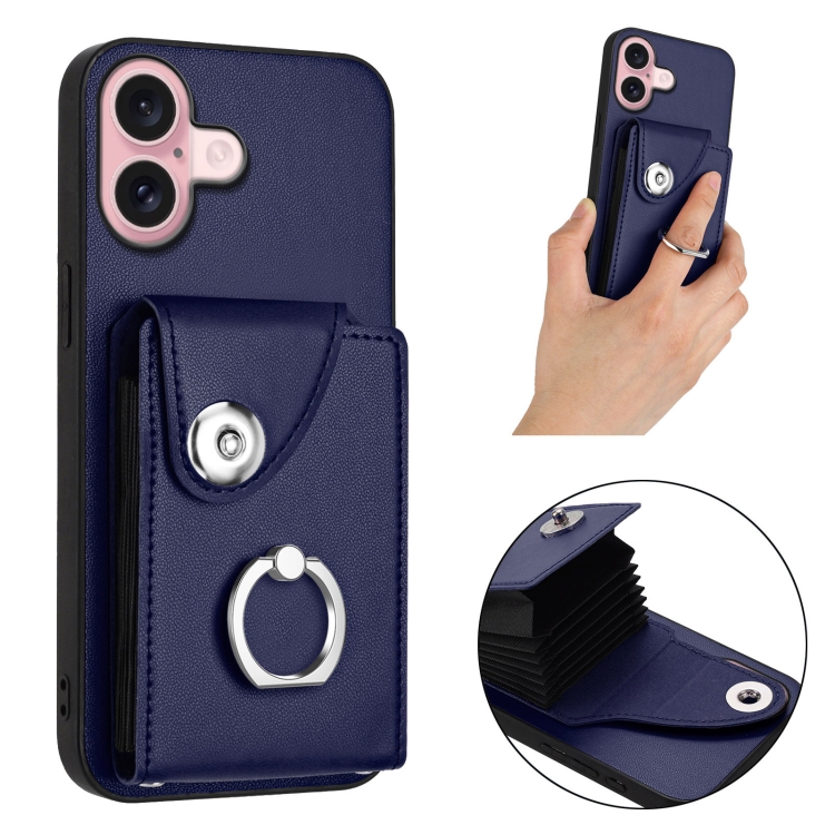 For iPhone 16 Organ Card Bag Ring Holder Phone Case(Blue) For iPhone 16 Organ Card Bag Ring Holder Phone Case(Blue)