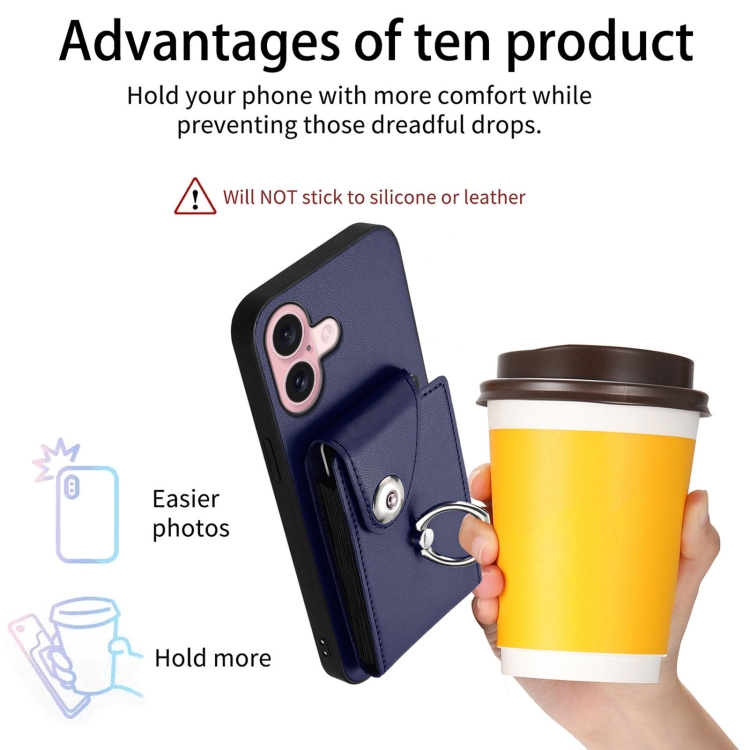For iPhone 16 Organ Card Bag Ring Holder Phone Case(Blue) For iPhone 16 Organ Card Bag Ring Holder Phone Case(Blue)