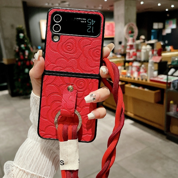 For Samsung Galaxy Z Flip4 5G Impression Camellia Pattern Protective Phone Case with Diamond Ring Long Lanyard(Red) For Samsung Galaxy Z Flip4 5G Impression Camellia Pattern Protective Phone Case with Diamond Ring Long Lanyard(Red)