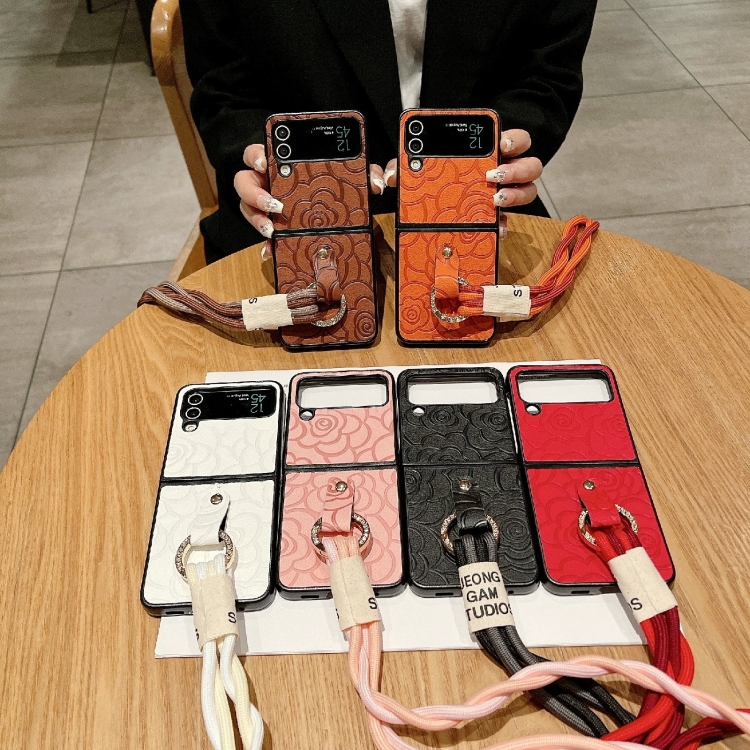 For Samsung Galaxy Z Flip4 5G Impression Camellia Pattern Protective Phone Case with Diamond Ring Long Lanyard(Red) For Samsung Galaxy Z Flip4 5G Impression Camellia Pattern Protective Phone Case with Diamond Ring Long Lanyard(Red)