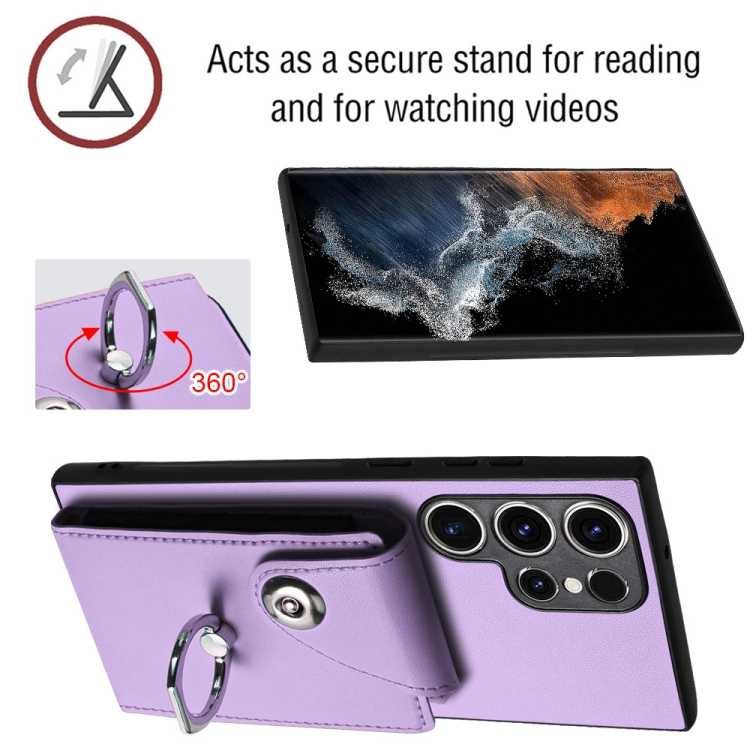 For Samsung Galaxy S23 Ultra 5G Organ Card Bag Ring Holder PU Phone Case(Purple) For Samsung Galaxy S23 Ultra 5G Organ Card Bag Ring Holder PU Phone Case(Purple)