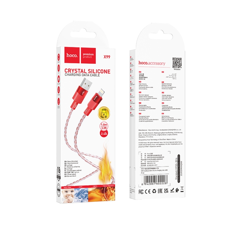 hoco X99 Crystal Junction 2.4A USB to 8 Pin Silicone Charging Data Cable, Length:1m(Red) hoco X99 Crystal Junction 2.4A USB to 8 Pin Silicone Charging Data Cable, Length:1m(Red)