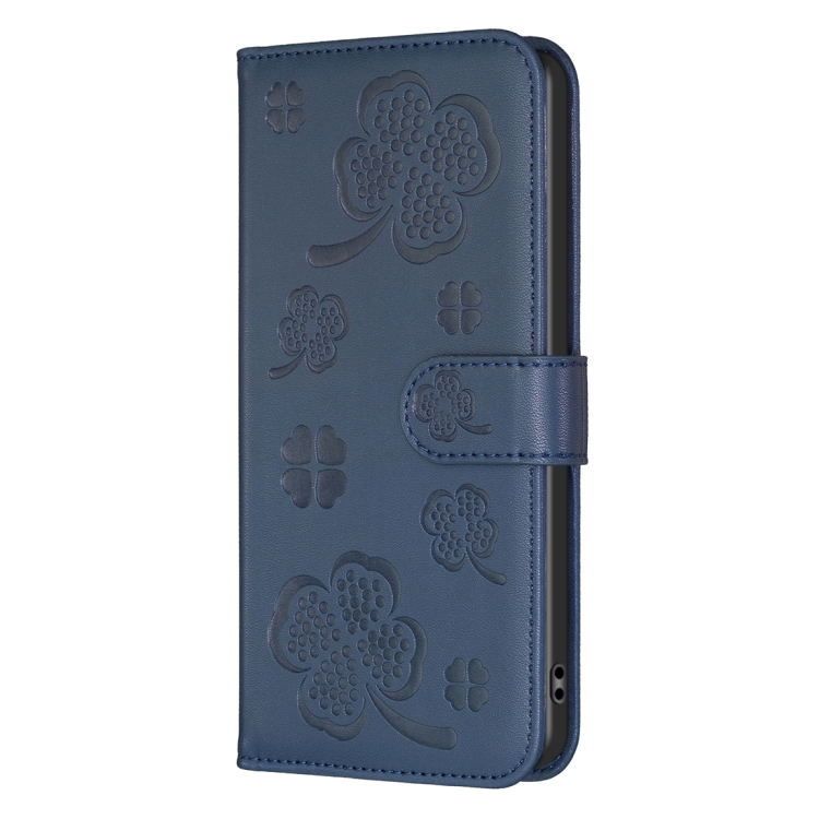 For iPhone 15 Pro Four-leaf Embossed Leather Phone Case(Blue) For iPhone 15 Pro Four-leaf Embossed Leather Phone Case(Blue)