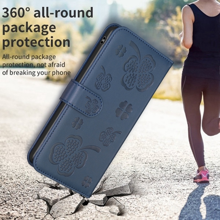For iPhone 15 Pro Four-leaf Embossed Leather Phone Case(Blue) For iPhone 15 Pro Four-leaf Embossed Leather Phone Case(Blue)