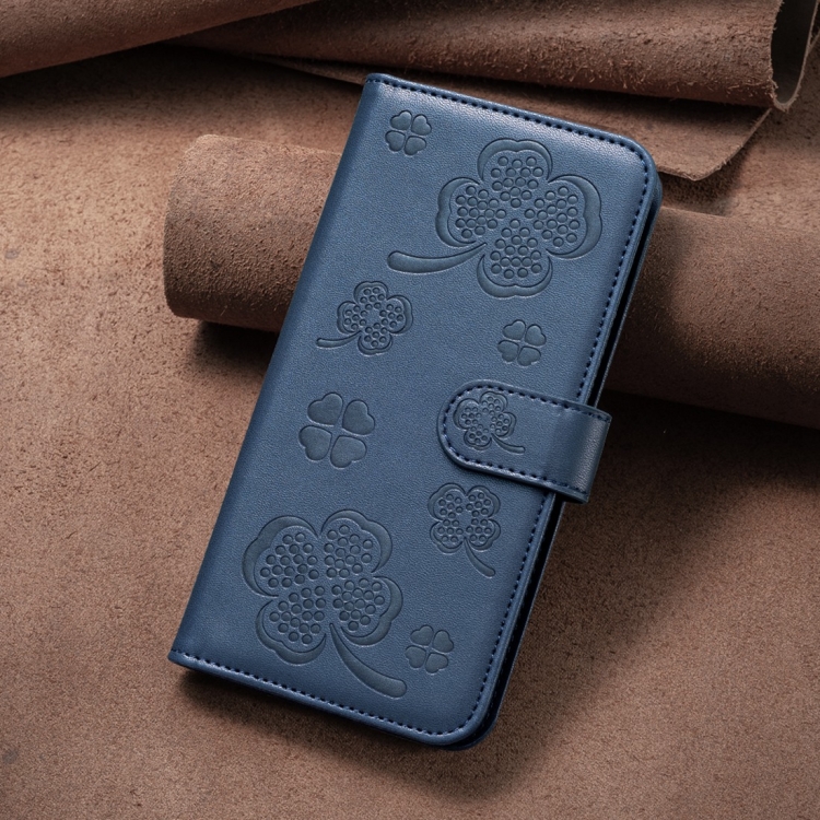 For iPhone 15 Pro Four-leaf Embossed Leather Phone Case(Blue) For iPhone 15 Pro Four-leaf Embossed Leather Phone Case(Blue)