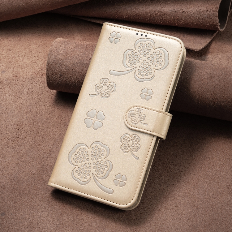 For iPhone 16 Plus Four-leaf Embossed Leather Phone Case(Gold) For iPhone 16 Plus Four-leaf Embossed Leather Phone Case(Gold)