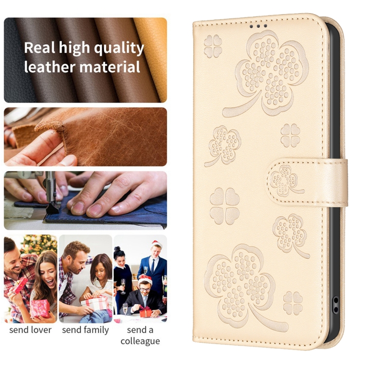 For iPhone 16 Plus Four-leaf Embossed Leather Phone Case(Gold) For iPhone 16 Plus Four-leaf Embossed Leather Phone Case(Gold)