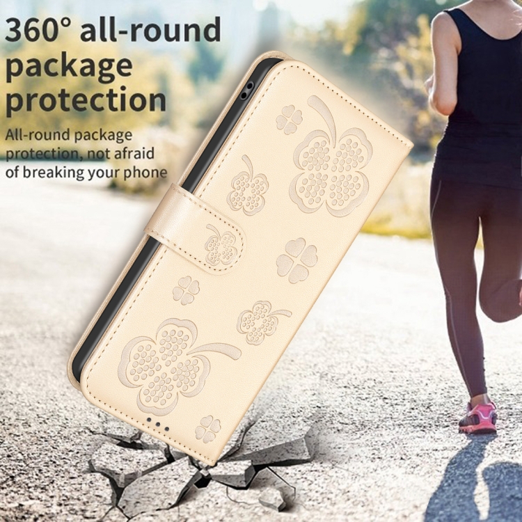 For iPhone 16 Plus Four-leaf Embossed Leather Phone Case(Gold) For iPhone 16 Plus Four-leaf Embossed Leather Phone Case(Gold)