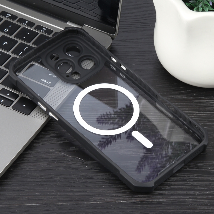 For iPhone 16 Pro Max Colorful Two-Color Lens Film MagSafe Magnetic Horn Acrylic+TPU Case(Black) For iPhone 16 Pro Max Colorful Two-Color Lens Film MagSafe Magnetic Horn Acrylic+TPU Case(Black)