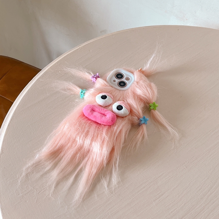 For iPhone 15 Pro Max Tied Hairstyle Plush Monster TPU Phone Case(Pink) - 1