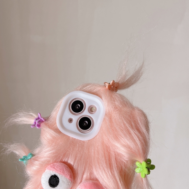 For iPhone 15 Pro Max Tied Hairstyle Plush Monster TPU Phone Case(Pink) - B2
